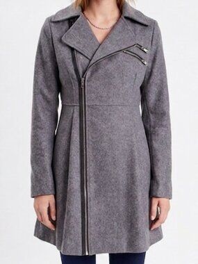 Roxy Long Coat Moto Jacket Womens Small Trench pockets zippers wool blend